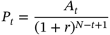 upper P Subscript t Baseline equals StartFraction upper A Subscript t Baseline Over left-parenthesis 1 plus r right-parenthesis Superscript upper N minus t plus 1 Baseline EndFraction