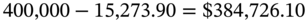 400 comma 000 minus 15 comma 273.90 equals dollar-sign 384 comma 726.10