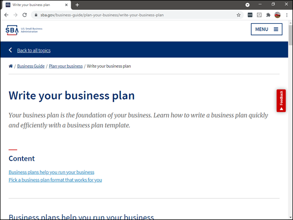 Snapshot of the Write Your Business Plan page of the SBA’s website provides information about writing a business plan.