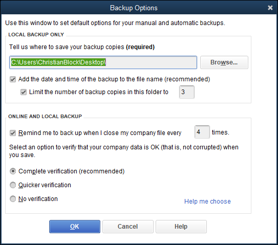 Snapshot of the Backup Options dialog box.