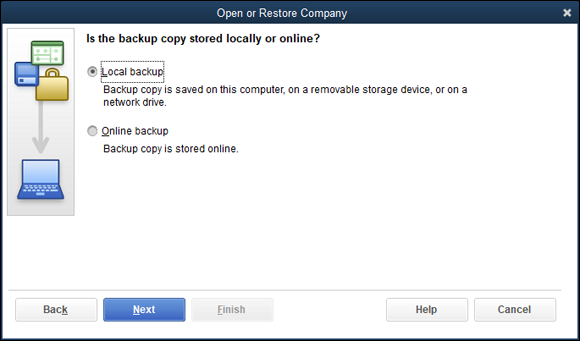 Snapshot of the Open or Restore Company dialog box that asks where you’ve backed up.
