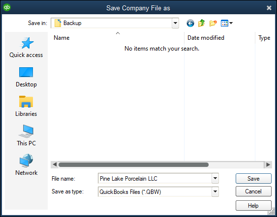Snapshot of the Save Company File As dialog box.