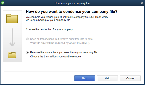 Snapshot of the Condense Your Company File dialog box.