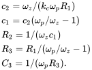 StartLayout 1st Row c 2 equals omega Subscript z Baseline slash left-parenthesis k Subscript c Baseline omega Subscript p Baseline upper R 1 right-parenthesis 2nd Row c 1 equals c 2 left-parenthesis omega Subscript p Baseline slash omega Subscript z Baseline minus 1 right-parenthesis 3rd Row upper R 2 equals 1 slash left-parenthesis omega Subscript z Baseline c 1 right-parenthesis 4th Row upper R 3 equals upper R 1 slash left-parenthesis omega Subscript p Baseline slash omega Subscript z Baseline minus 1 right-parenthesis 5th Row upper C 3 equals 1 slash left-parenthesis omega Subscript p Baseline upper R 3 right-parenthesis period EndLayout