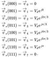 StartLayout 1st Row StartLayout 1st Row ModifyingAbove v With right-arrow Subscript s Baseline left-parenthesis 000 right-parenthesis equals ModifyingAbove v With right-arrow Subscript 0 Baseline equals 0 EndLayout 2nd Row StartLayout 1st Row ModifyingAbove v With right-arrow Subscript s Baseline left-parenthesis 001 right-parenthesis equals ModifyingAbove v With right-arrow Subscript 1 Baseline equals upper V Subscript d Baseline e Superscript j Baseline 0 Baseline EndLayout 3rd Row StartLayout 1st Row ModifyingAbove v With right-arrow Subscript s Baseline left-parenthesis 010 right-parenthesis equals ModifyingAbove v With right-arrow Subscript 2 Baseline equals upper V Subscript d Baseline e Superscript j Baseline 2 pi slash 3 Baseline EndLayout 4th Row StartLayout 1st Row ModifyingAbove v With right-arrow Subscript s Baseline left-parenthesis 011 right-parenthesis equals ModifyingAbove v With right-arrow Subscript 3 Baseline equals upper V Subscript d Baseline e Superscript j pi slash 3 Baseline EndLayout 5th Row StartLayout 1st Row ModifyingAbove v With right-arrow Subscript s Baseline left-parenthesis 100 right-parenthesis equals ModifyingAbove v With right-arrow Subscript 4 Baseline equals upper V Subscript d Baseline e Superscript j Baseline 4 pi slash 3 Baseline EndLayout 6th Row StartLayout 1st Row ModifyingAbove v With right-arrow Subscript s Baseline left-parenthesis 101 right-parenthesis equals ModifyingAbove v With right-arrow Subscript 5 Baseline equals upper V Subscript d Baseline e Superscript j Baseline 5 pi slash 3 Baseline EndLayout 7th Row StartLayout 1st Row ModifyingAbove v With right-arrow Subscript s Baseline left-parenthesis 110 right-parenthesis equals ModifyingAbove v With right-arrow Subscript 6 Baseline equals upper V Subscript d Baseline e Superscript j pi Baseline EndLayout 8th Row StartLayout 1st Row ModifyingAbove v With right-arrow Subscript s Baseline left-parenthesis 111 right-parenthesis equals ModifyingAbove v With right-arrow Subscript 7 Baseline equals 0 EndLayout period EndLayout