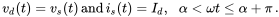 StartLayout 1st Row 1st Column v Subscript d Baseline left-parenthesis t right-parenthesis equals v Subscript s Baseline left-parenthesis t right-parenthesis and i Subscript s Baseline left-parenthesis t right-parenthesis equals upper I Subscript d Baseline comma 2nd Column alpha less-than omega t less-than-or-equal-to alpha plus pi EndLayout period