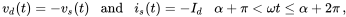 StartLayout 1st Row 1st Column v Subscript d Baseline left-parenthesis t right-parenthesis equals minus v Subscript s Baseline left-parenthesis t right-parenthesis 2nd Column and 3rd Column i Subscript s Baseline left-parenthesis t right-parenthesis equals minus upper I Subscript d Baseline 4th Column alpha plus pi less-than omega t less-than-or-equal-to alpha plus 2 pi EndLayout comma