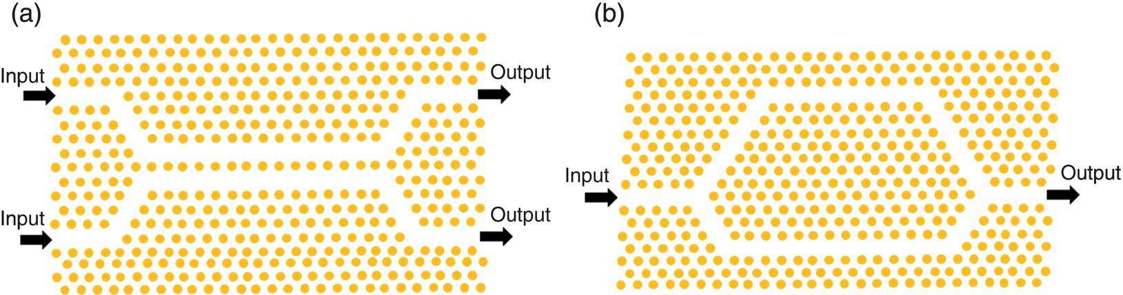 Schematic illustration of realization of (a) directional coupler, and (b) Mach–Zehnder interferometers from photonic crystal.