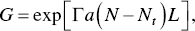 upper G equals exp left-parenthesis upper Gamma a left-parenthesis upper N minus upper N Subscript t Baseline right-parenthesis upper L right-parenthesis comma