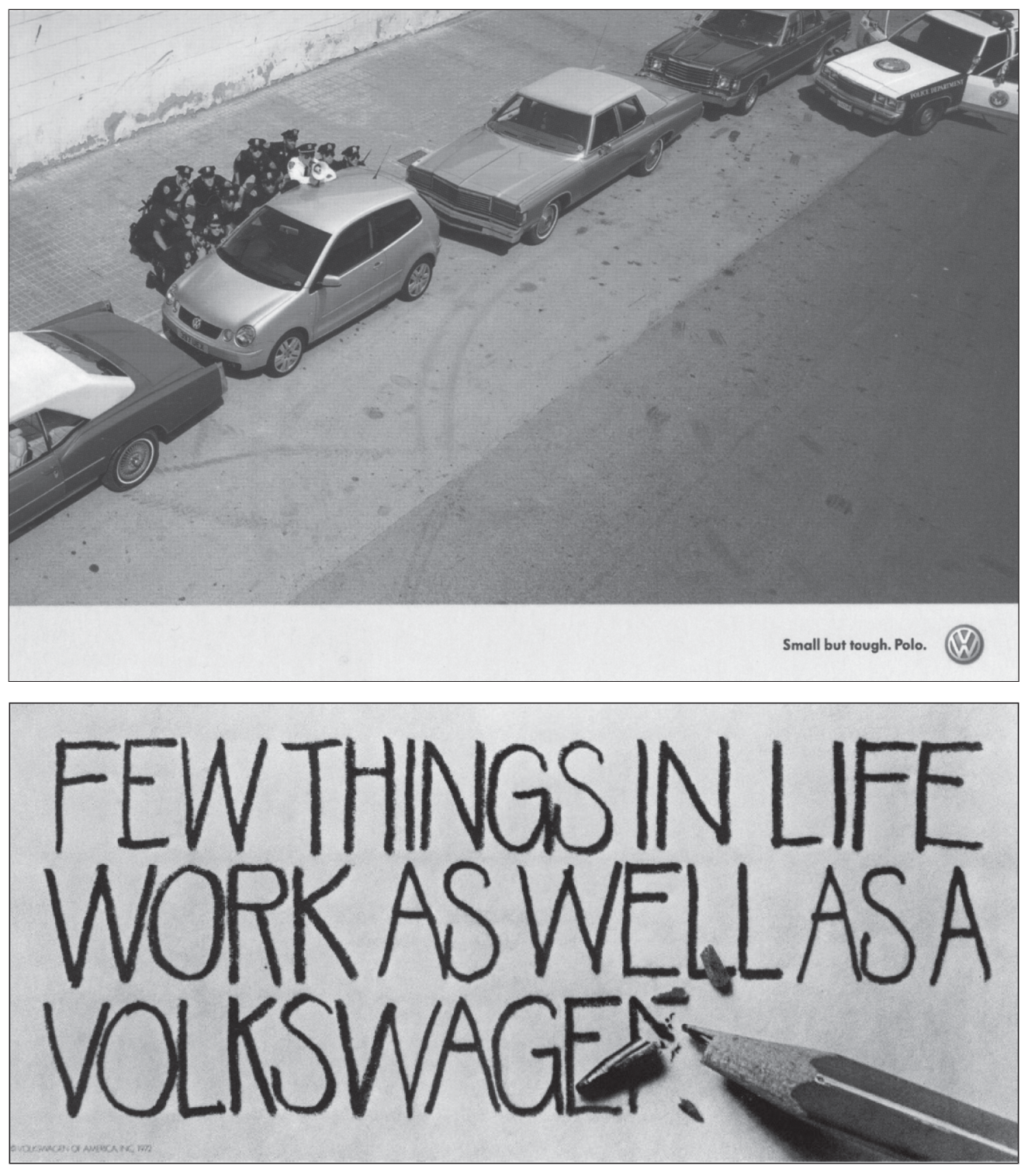 Photos depict a visually dominant ad for VW and a copy-driven one.