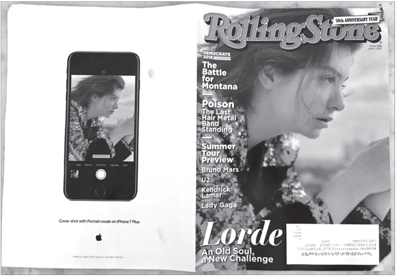 An illustration of the headline on the back of the magazine reads: “Cover shot with Portrait mode on iPhone 7 Plus.”