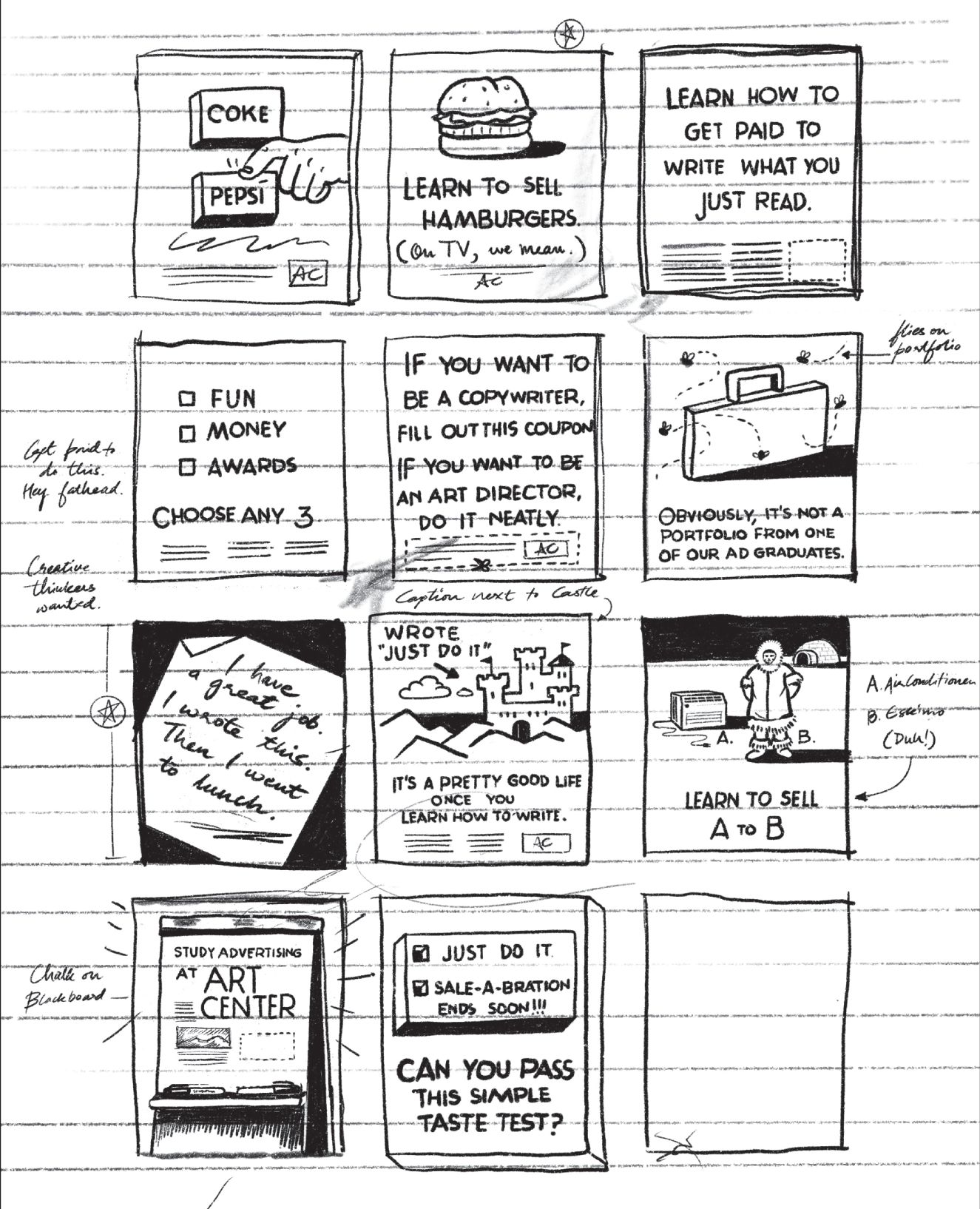 An illustration shows some thumbnails for a campaign we did to sell ad classes at Pasadena's Art Center in the 1990s.