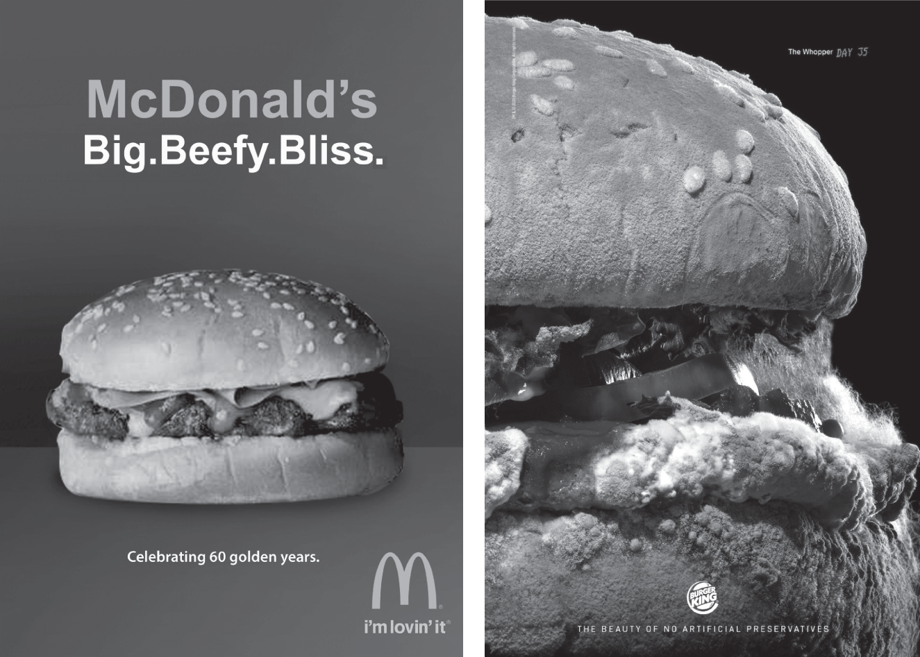 Photographs of the right way to sell hamburgers versus the Rong way.