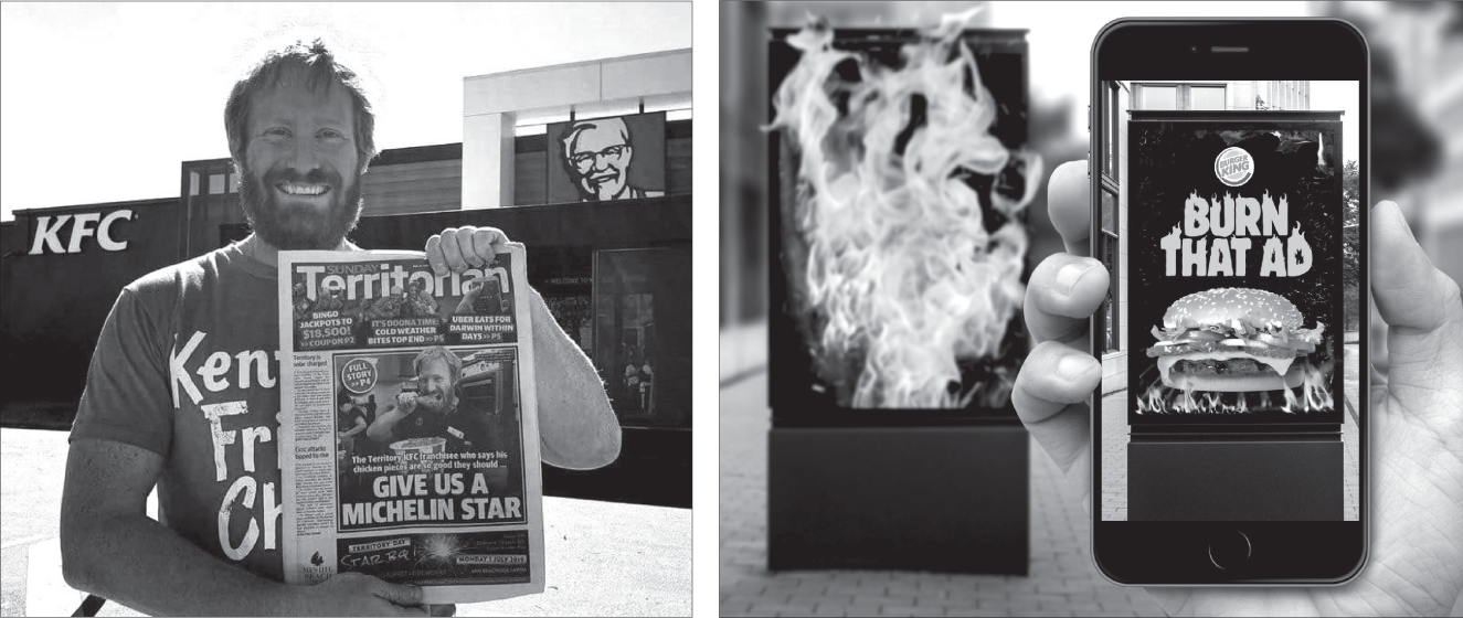 Photographs of two examples of digital ideas: On the left, the owner of a KFC in Australia vies for a coveted Michelin star. And right, Burger King's brilliant pyro-app, “Burn That Ad.”