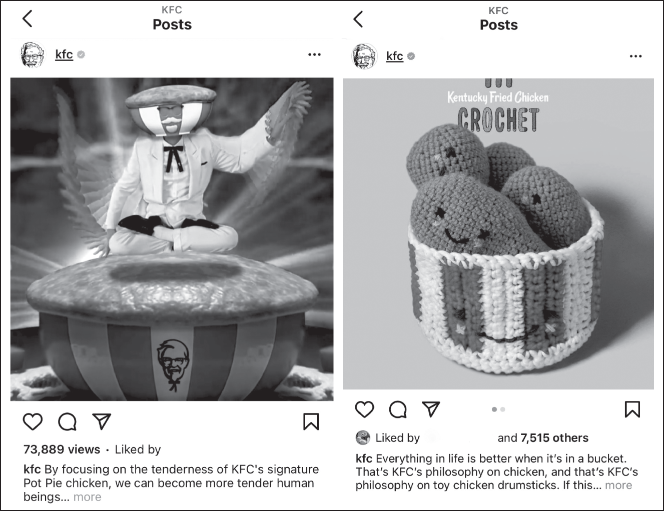 Snapshots of KFC stock content: “The Pot Pie–Based Meditation System” campaign, left. KFC flow content: KFC crocheting posts, right.