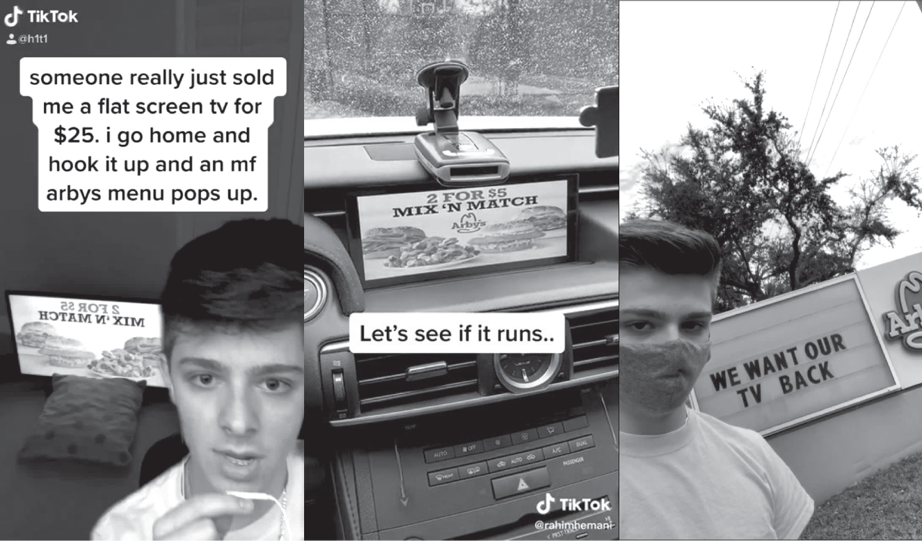 Photographs of On the left, Casterline's original TikTok post that started the “fight.” In the center, a TikTok user stirs the pot. Right, the kerfuffle even included messages on Arby's store sign.