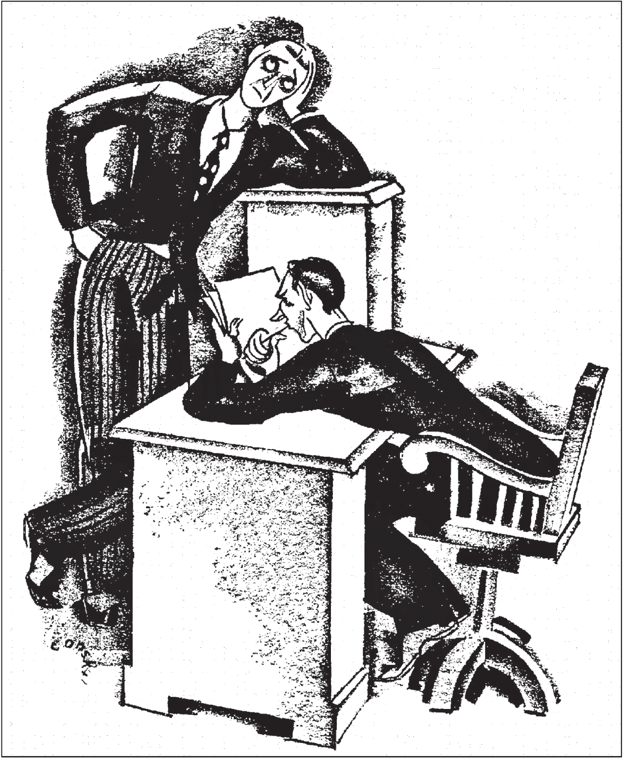 An illustration of except for the clothes, this 1930 engraving of a client changing a writer's copy.