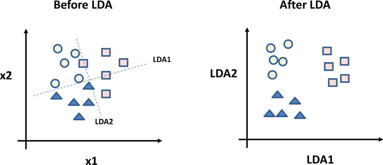 Snapshot of lDA: a set of given data before LDA (left) and the data after LDA (right)