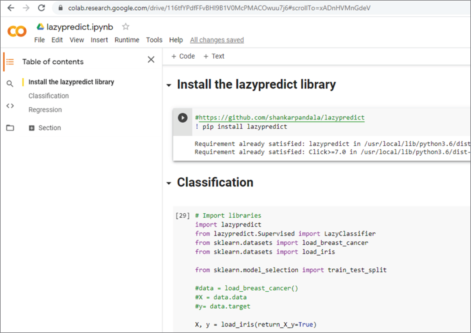 Snapshot of the Google Colab code of the first two sections of the program