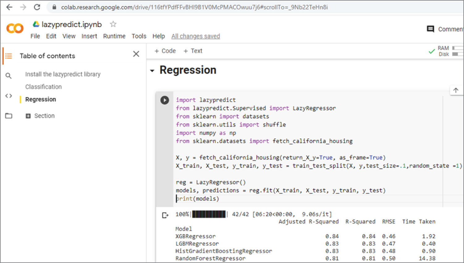 Snapshot of regression code and output results on the Google Colab California housing price dataset