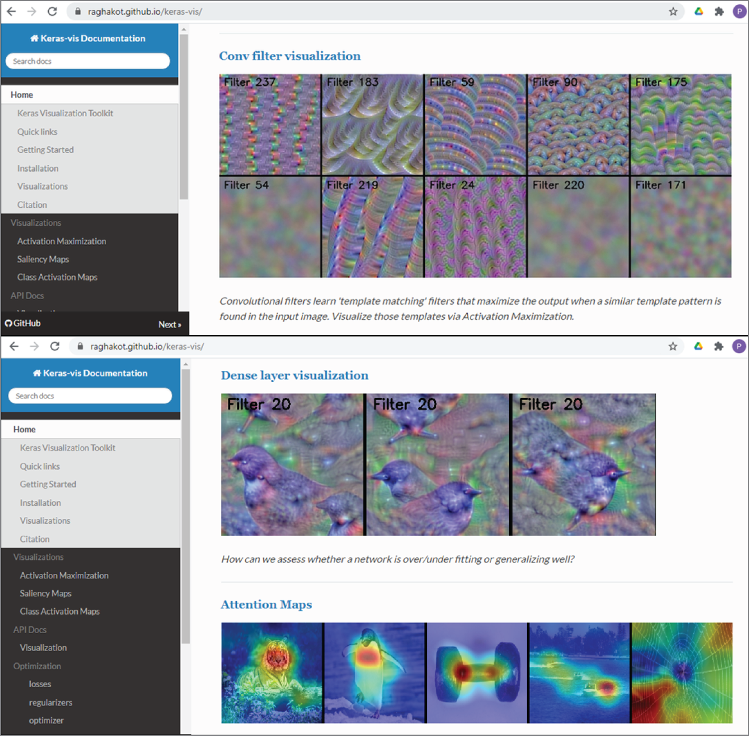 Snapshot of the convolutional filter visualization (top), the dense layer visualization, and the attention maps (bottom) in the Keras Visualization Toolkit.