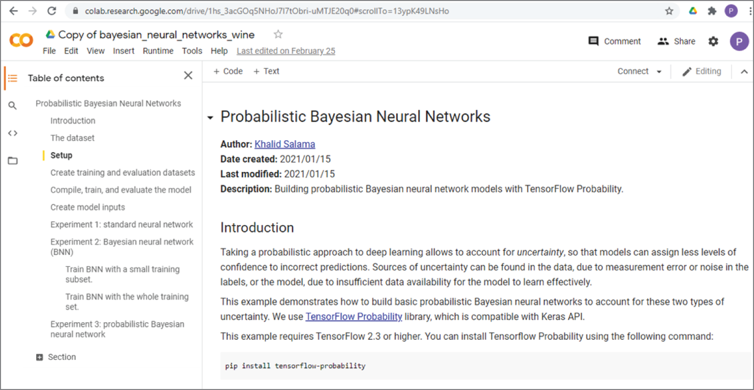 Snapshot of the corresponding Google Colab code for the Keras website on probabilistic Bayesian neural networks.