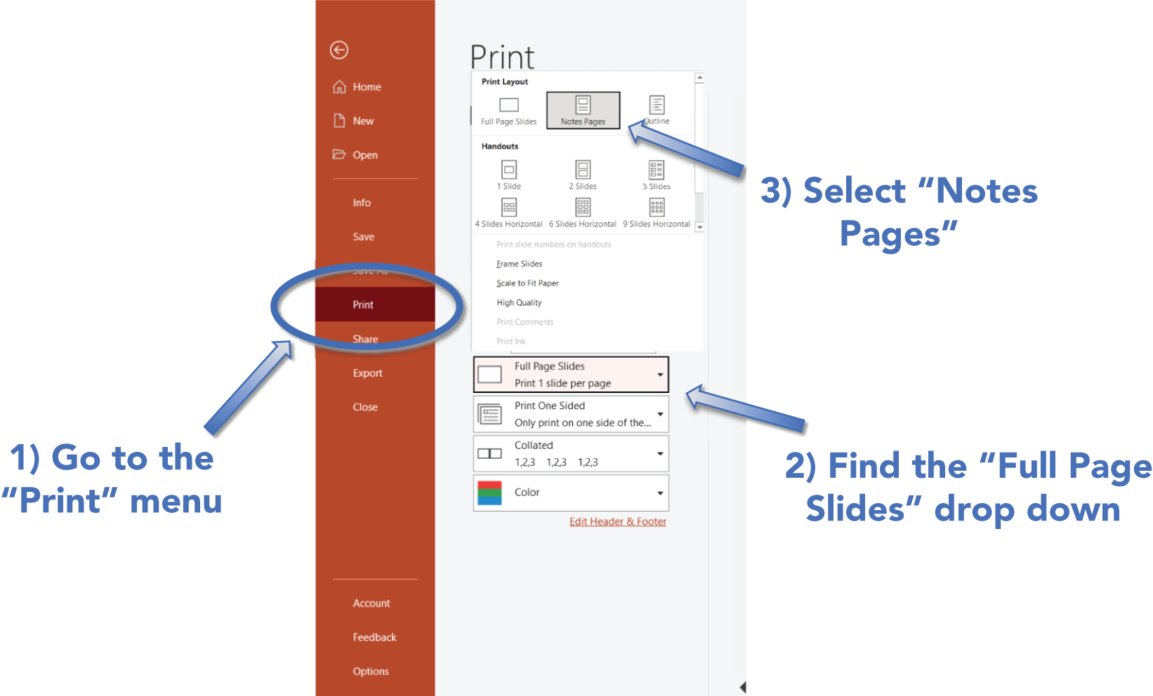 An illustration of how to Print Notes Pages