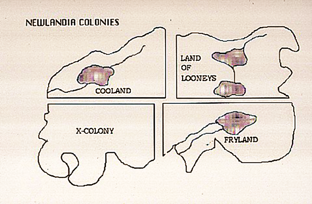 Schematic illustration of high school teacher Don Huey's map of Newlandia's four Colonies.