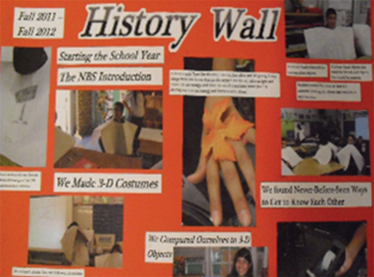 Photo depicts a poster made by Annette Dellemonico's ESL students showing the artifacts they built with captions identifying the progression of all Design Challenges.