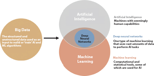 Schematic illustration of an overview of the relationship between artificial intelligence (AI), machine learning (ML), big data, and deep neural networks.