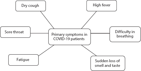 Schematic illustration of the primary symptoms of COVID-19.