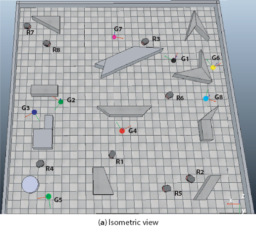 Schematic illustration of the model of the environment with eight robots and 11 static obstacles (a) Isometric view