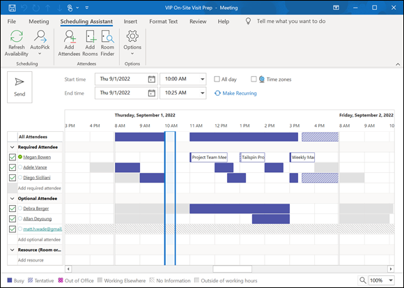 Snapshot of the Scheduling Assistant window shows whether a time-slot is available for a meeting.