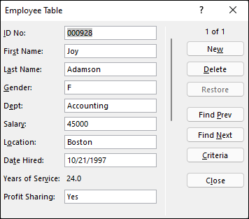 Snapshot of Opening the data form in the new table to add a new record.