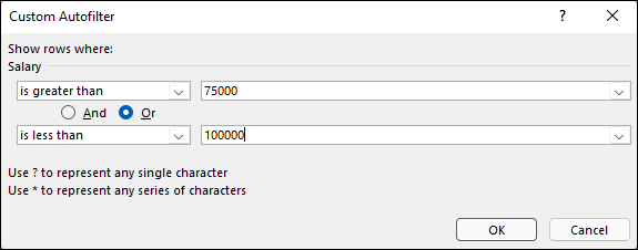 Snapshot of Using Custom AutoFilter to filter out records except for those within a range of salaries.