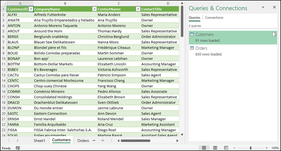 Snapshot of Customers worksheet with the data imported from the Access Customers data table in the sample Northwind database. 