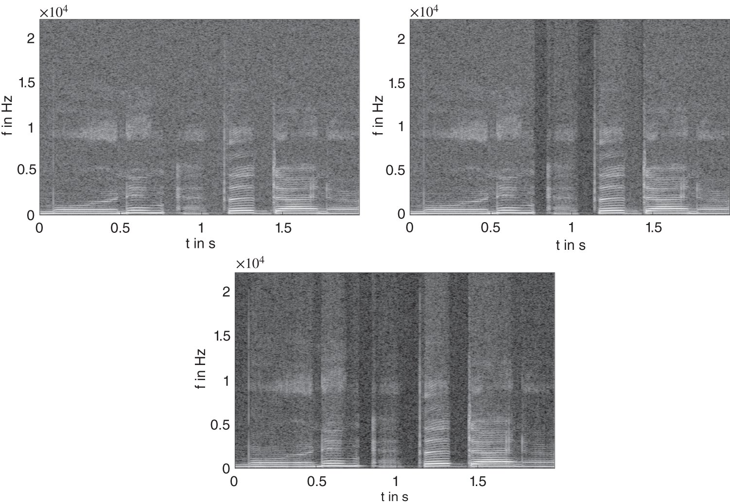 Schematic illustration of spectrograms of a female singing voice with white noise.