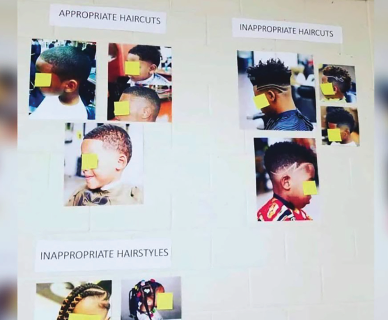 Photos depict appropriate haircuts, inappropriate haircuts, and inappropriate hairstyles.