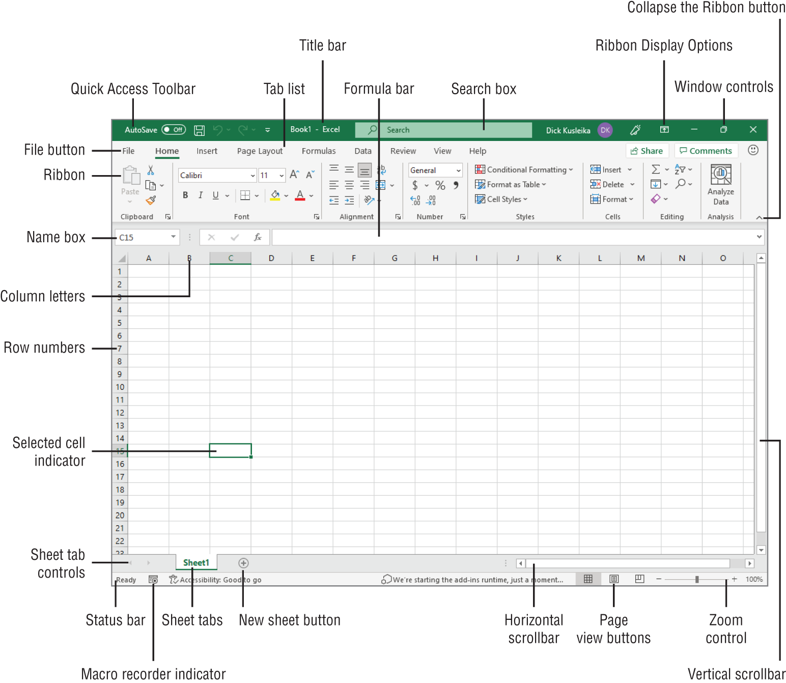 Snapshot of the Excel screen has many usingful elements that you will using often.