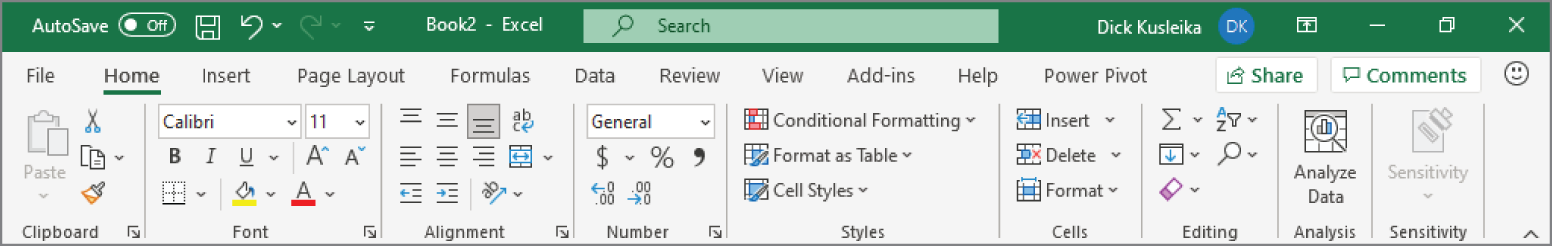 Snapshot of the Home tab when Excel's window is made narrower