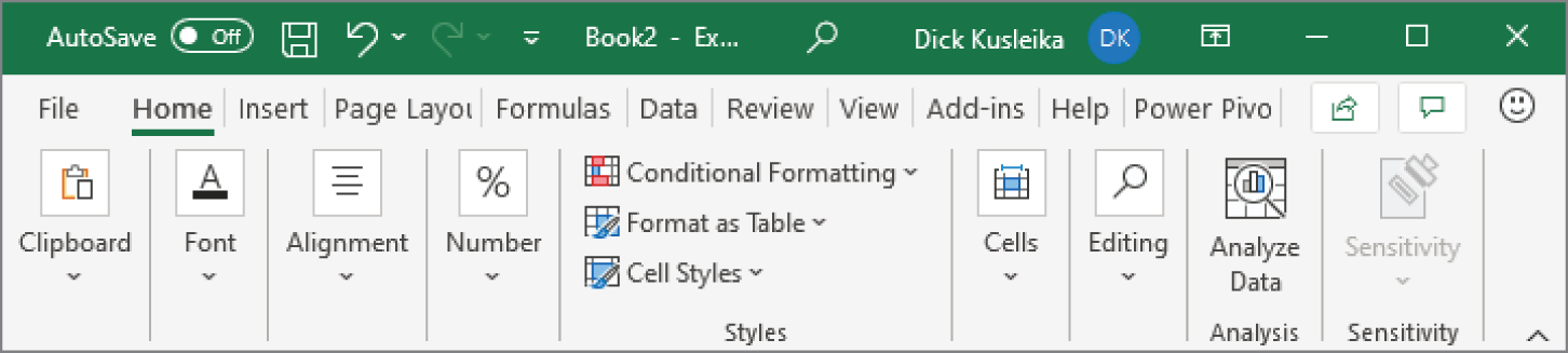 Snapshot of the Home tab when Excel's window is made very narrow