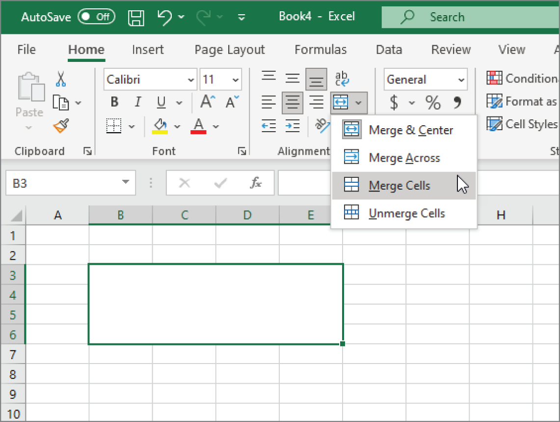 Snapshot of the Merge & Center command is a split button control.