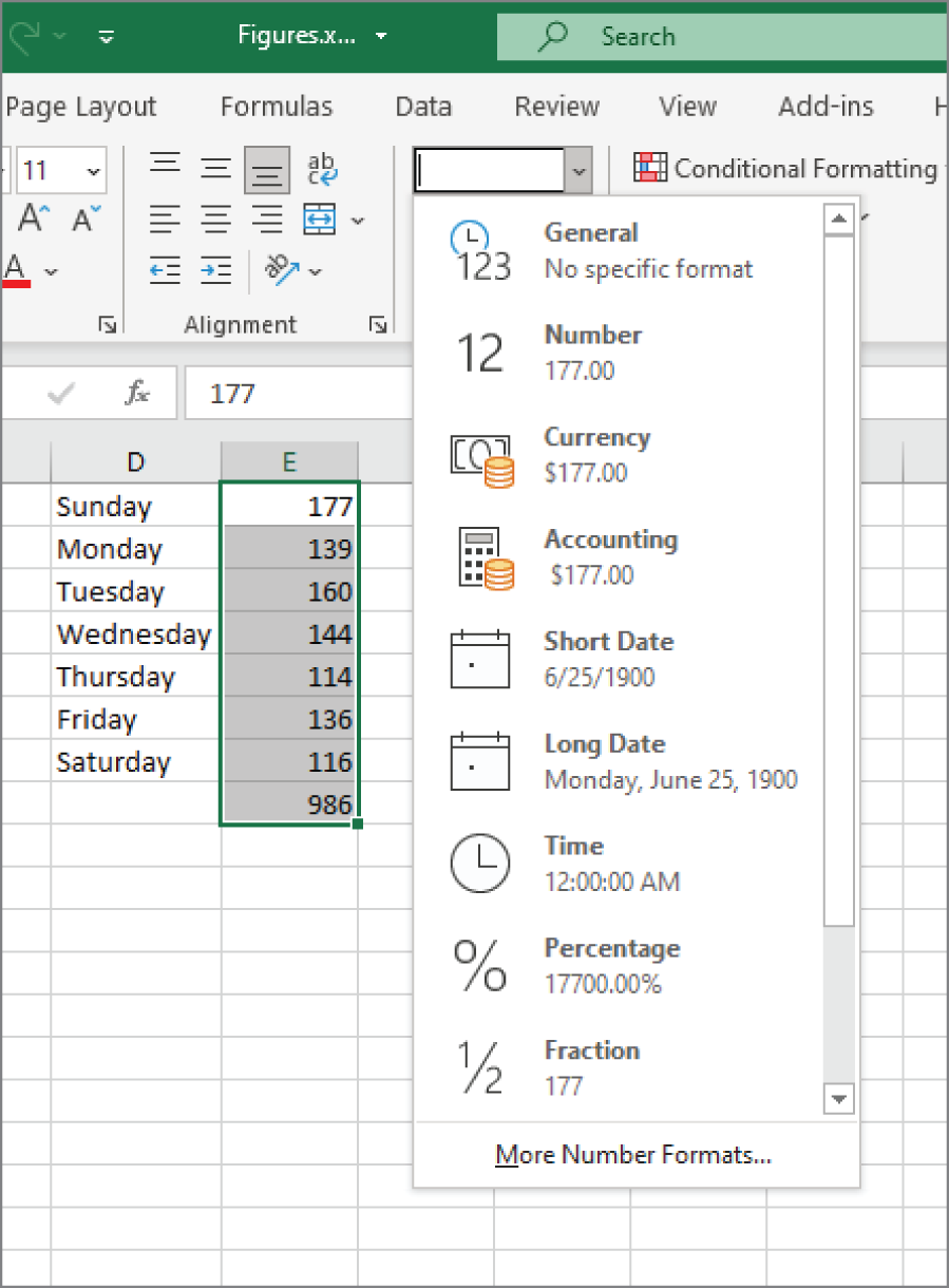 Snapshot of finding number formatting commands in the Number group of the Home tab.