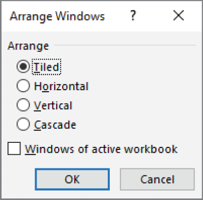 Snapshot of using the Arrange Windows dialog box to arrange all open non-minimized workbook windows quickly.