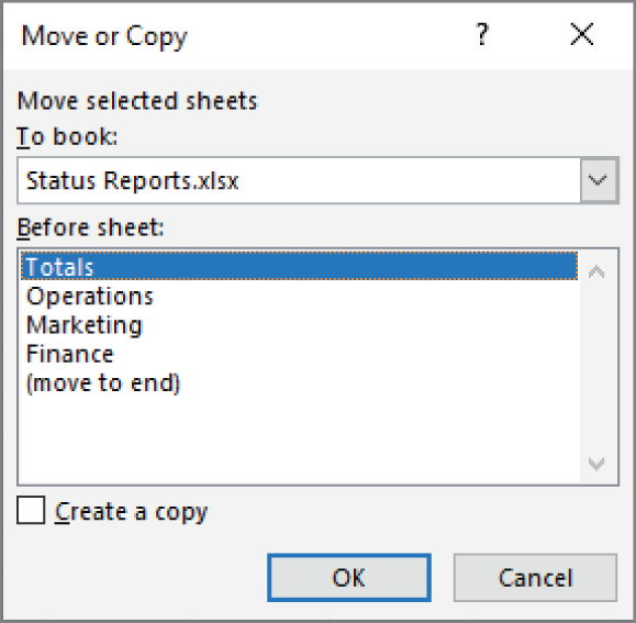 Snapshot of using the Move or Copy dialog box to move or copy worksheets in the same or another workbook.