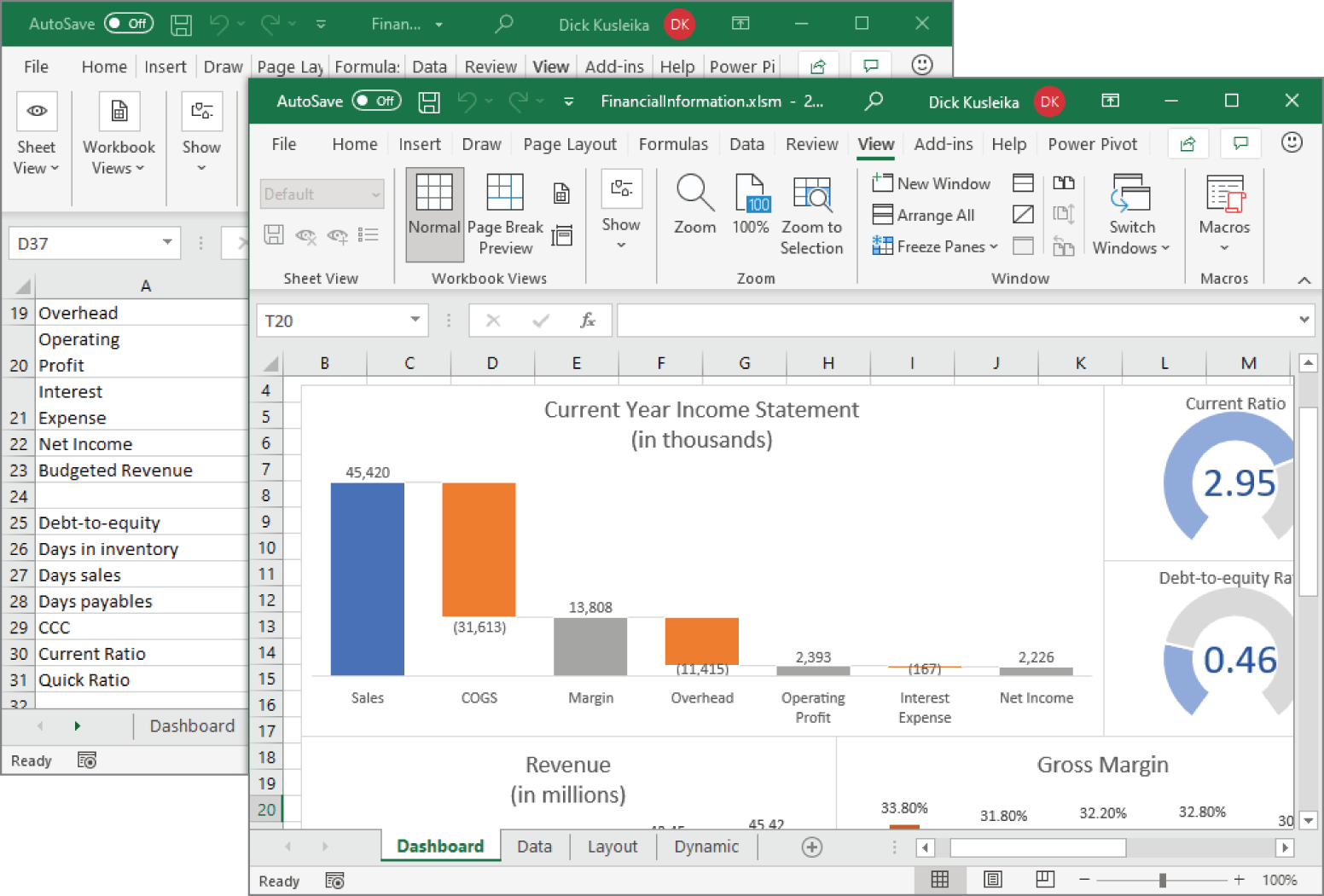 Snapshot of using multiple windows to view different sections of a workbook at the same time.