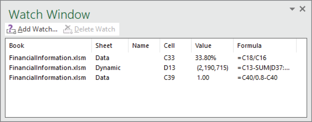 Snapshot of using the Watch Window to monitor the value in one or more cells.