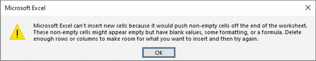 Snapshot shows we can't insert a new row or column if it causings nonblank cells to move off the worksheet.