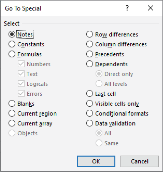 Snapshot of using the Go To Special dialog box to select specific types of cells.