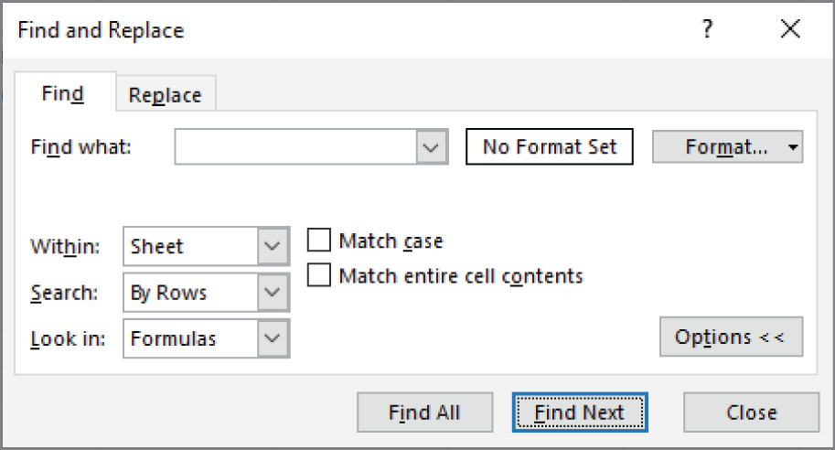 Snapshot of the Find and Replace dialog box, with its options displayed